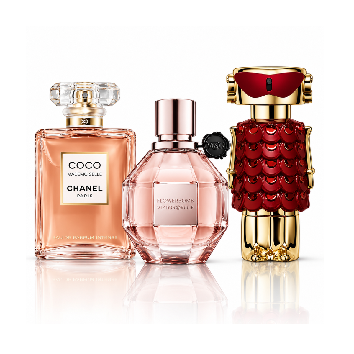 Set od 3 parfema | Coco Mademoiselle Chanel Eau de Parfum – 100 ml | Flowerbomb Viktor&Rolf Eau de Parfum – 100 ml | Fame In Love Rabanne Parfum Elixir – 80 ml