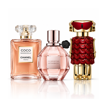 Set od 3 parfema | Coco Mademoiselle Chanel Eau de Parfum – 100 ml | Flowerbomb Viktor&Rolf Eau de Parfum – 100 ml | Fame In Love Rabanne Parfum Elixir – 80 ml