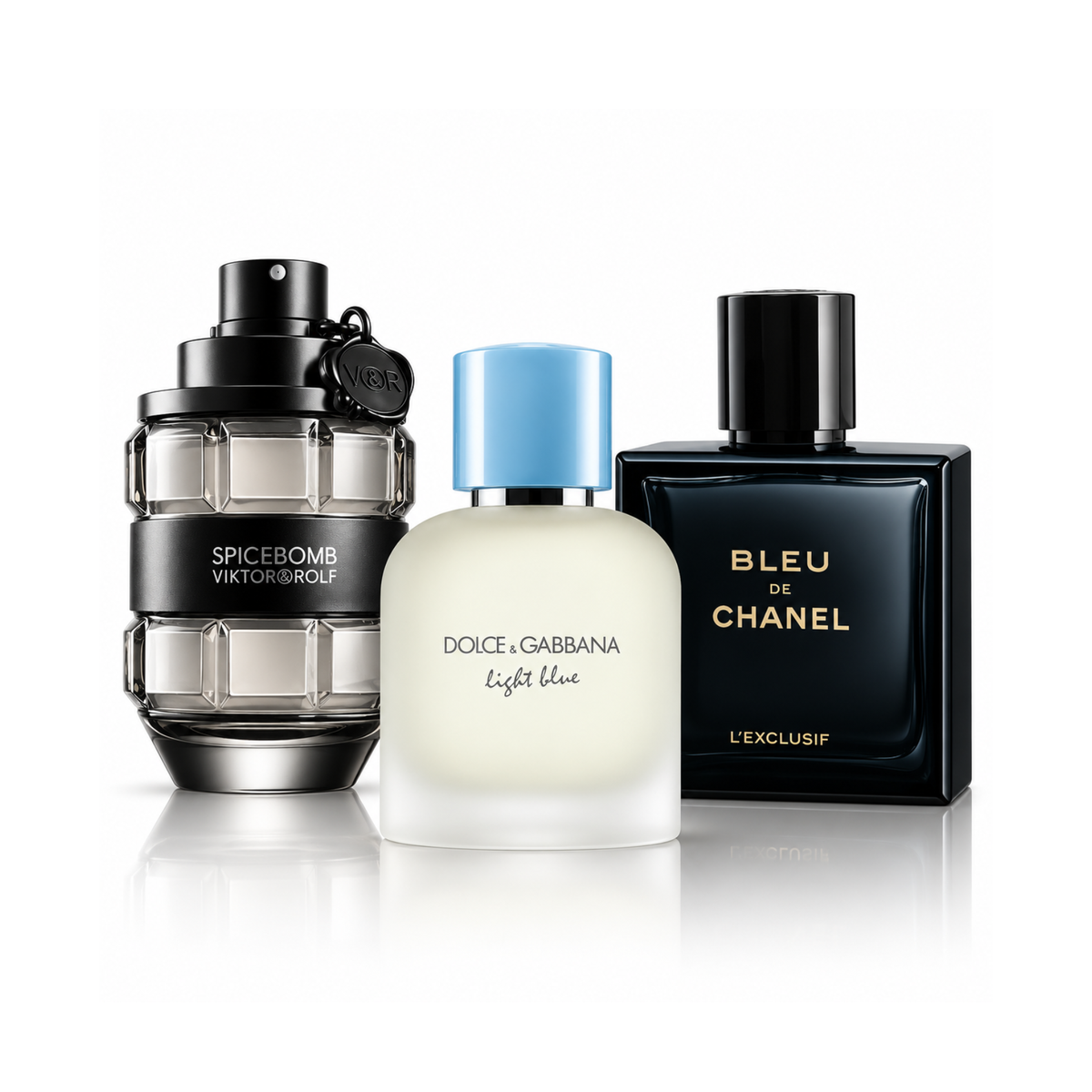 Set od 3 parfema |Spicebomb Viktor&Rolf Eau de Toilette – 100 ml | Light Blue Pour Homme Dolce&Gabbana Eau de Toilette – 100 ml | Bleu de Chanel L’Exclusif – 100 ml